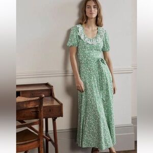 BODEN Green Floral Jersey Midi Dress with White Embroidered Trim